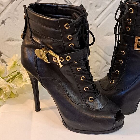 Guess Bieninda Black Leather Peep Toe High Heel Boots Buckle Details 7.5 M - Picture 2 of 15